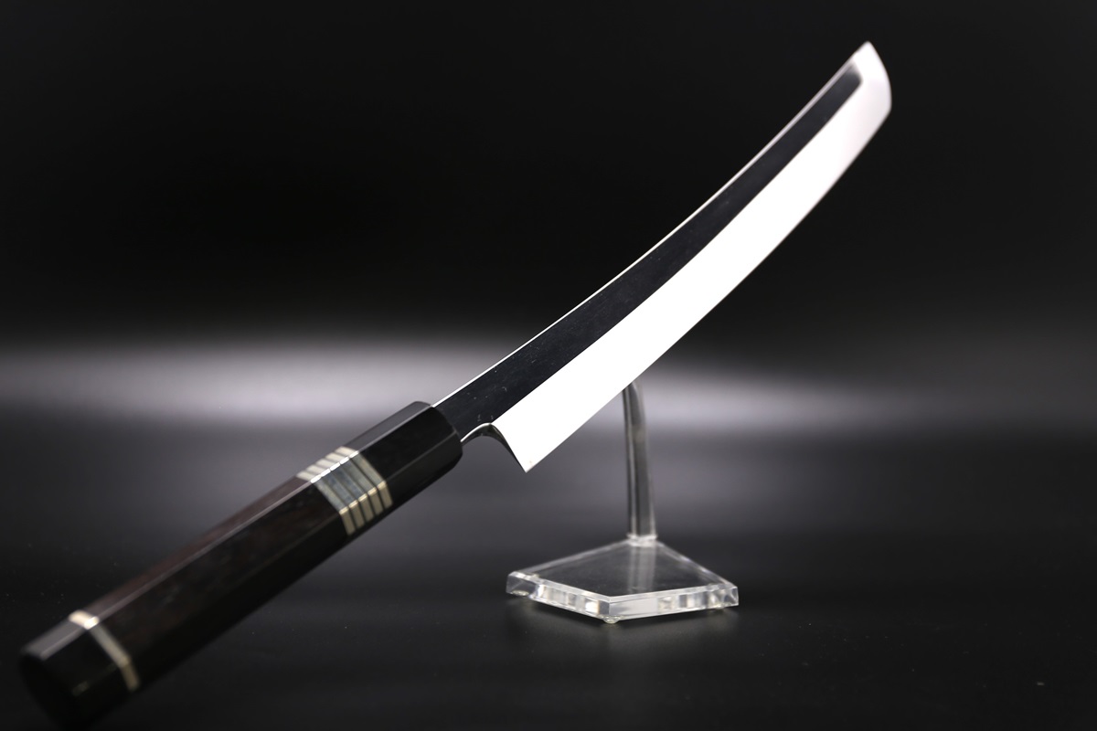 先丸柳刃 玉鋼 300mm 全鏡面仕上 八角黒檀柄 鞘付き 平泰明作-歌舞伎ナイフ