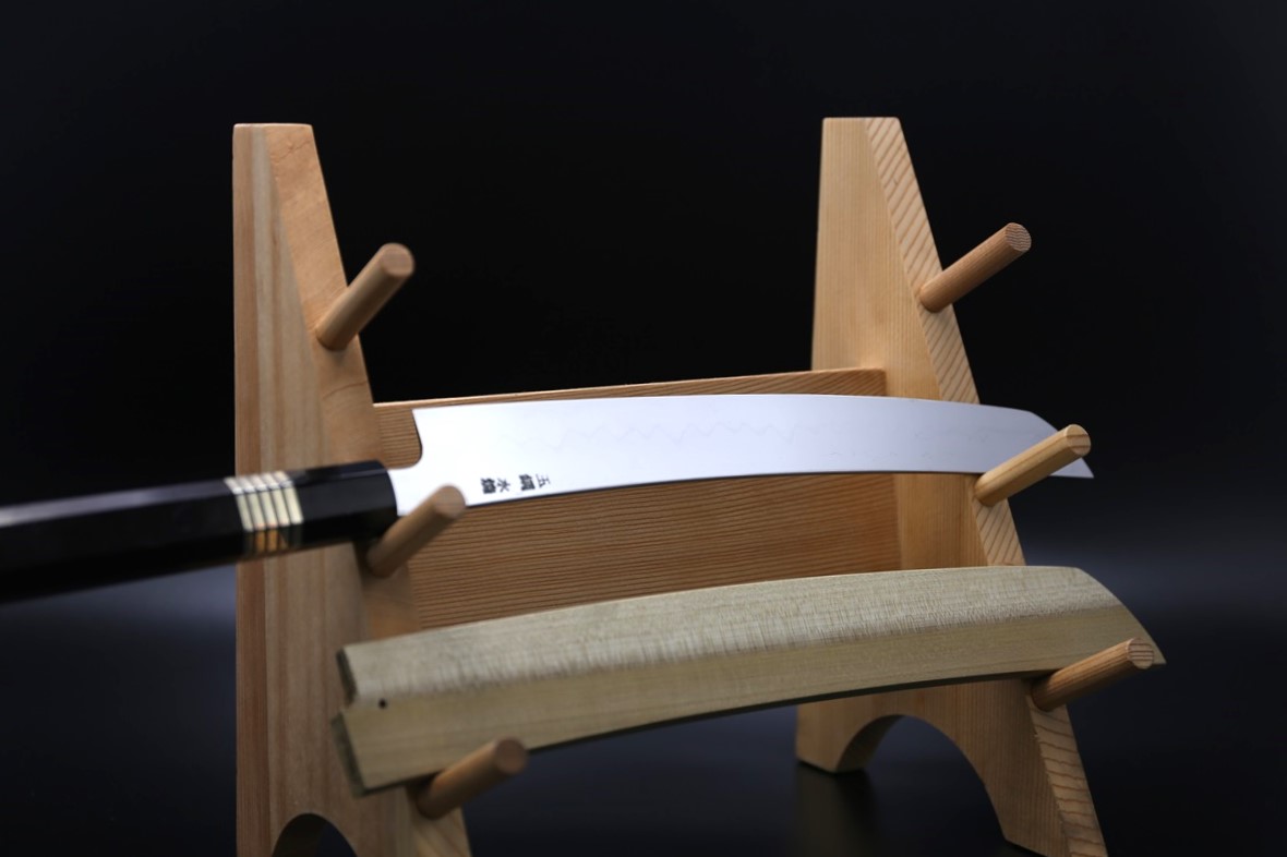 先丸柳刃 玉鋼 300mm 全鏡面仕上 八角黒檀柄 鞘付き 平泰明作-歌舞伎ナイフ