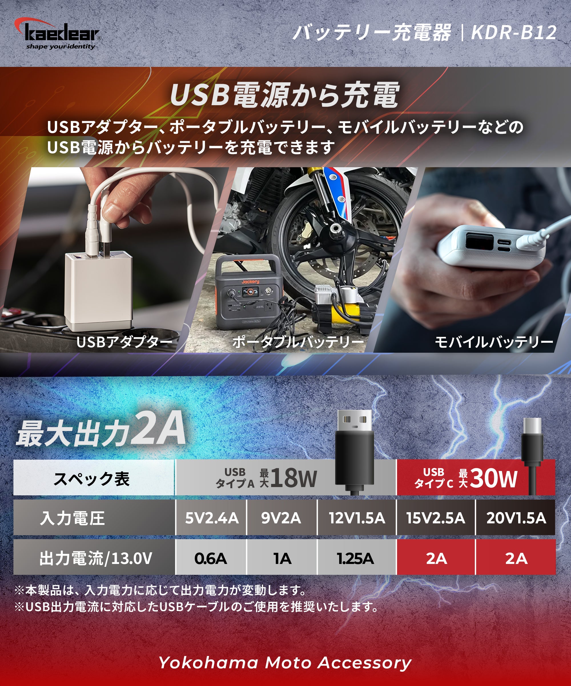 IDX2連バッテリーチャージャー 車両バッテリー＆USB充電の2WAY対応！駐