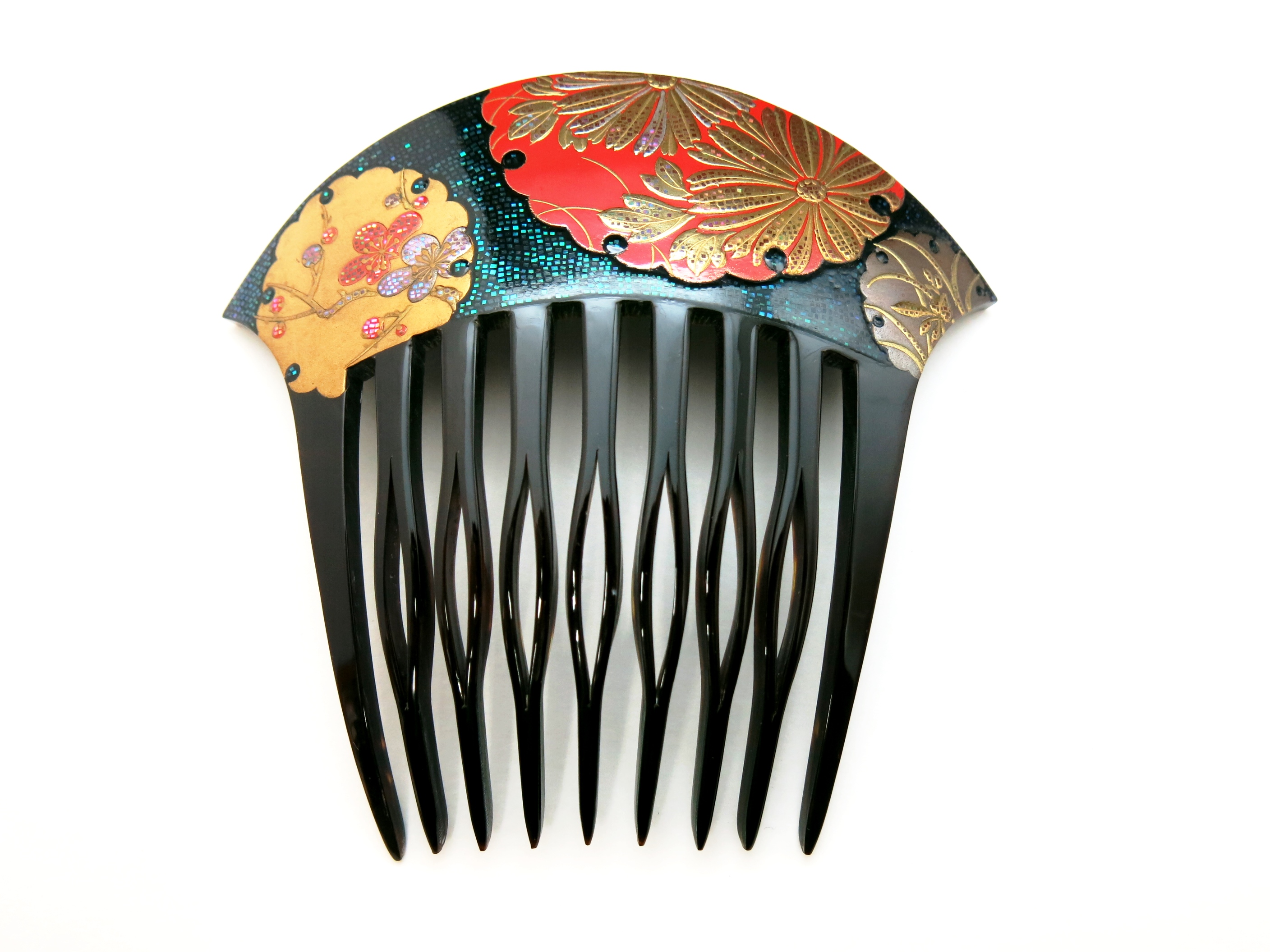 大変見事なべっ甲螺鈿金蒔絵の櫛｜雪輪に梅、菊、蘭文様。今日、殆ど