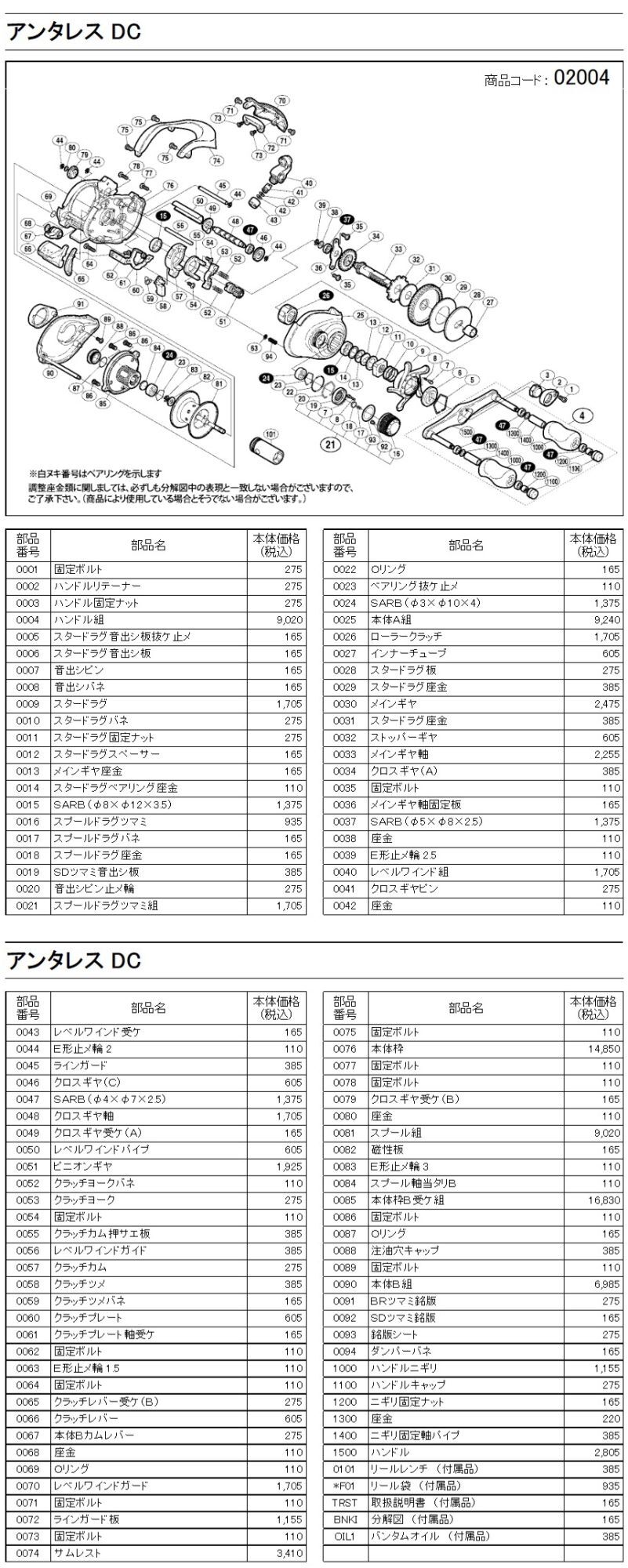 シマノ純正お取り寄せパーツ：納期1ヶ月】アンタレス DC 商品コード