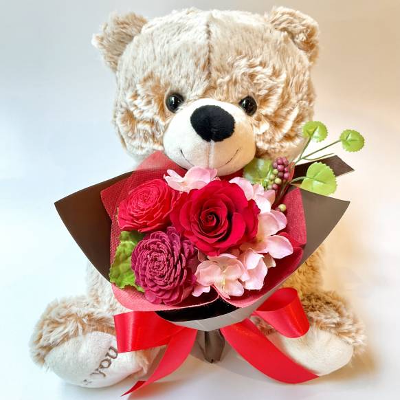 お取り寄せ オリジナルフラワー ローズブーケくまちゃん レッド【P-236