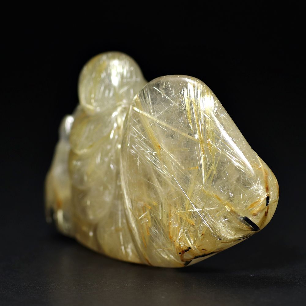 ブラジル産]ゴールドルチルクォーツ彫刻/布袋様（専用木製台座付