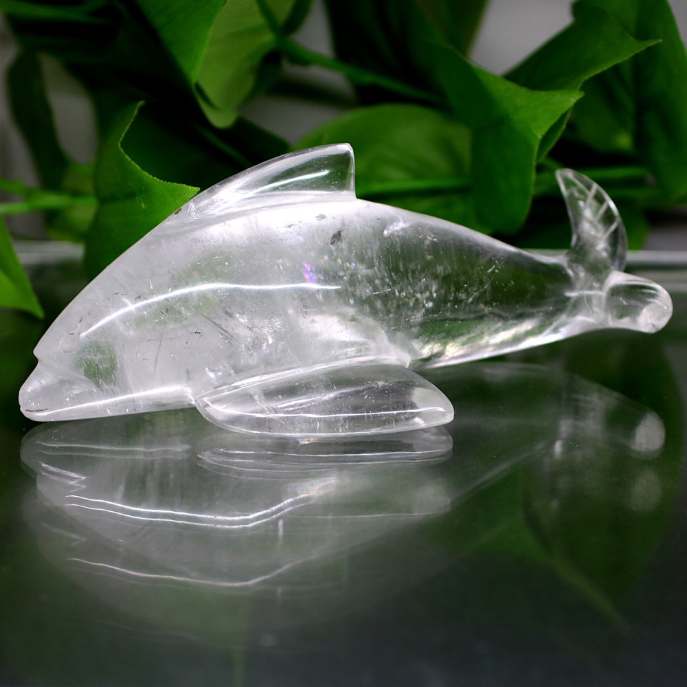 インド産]天然ヒマラヤ水晶イルカ彫刻/アイリスクォーツ置物（全長約