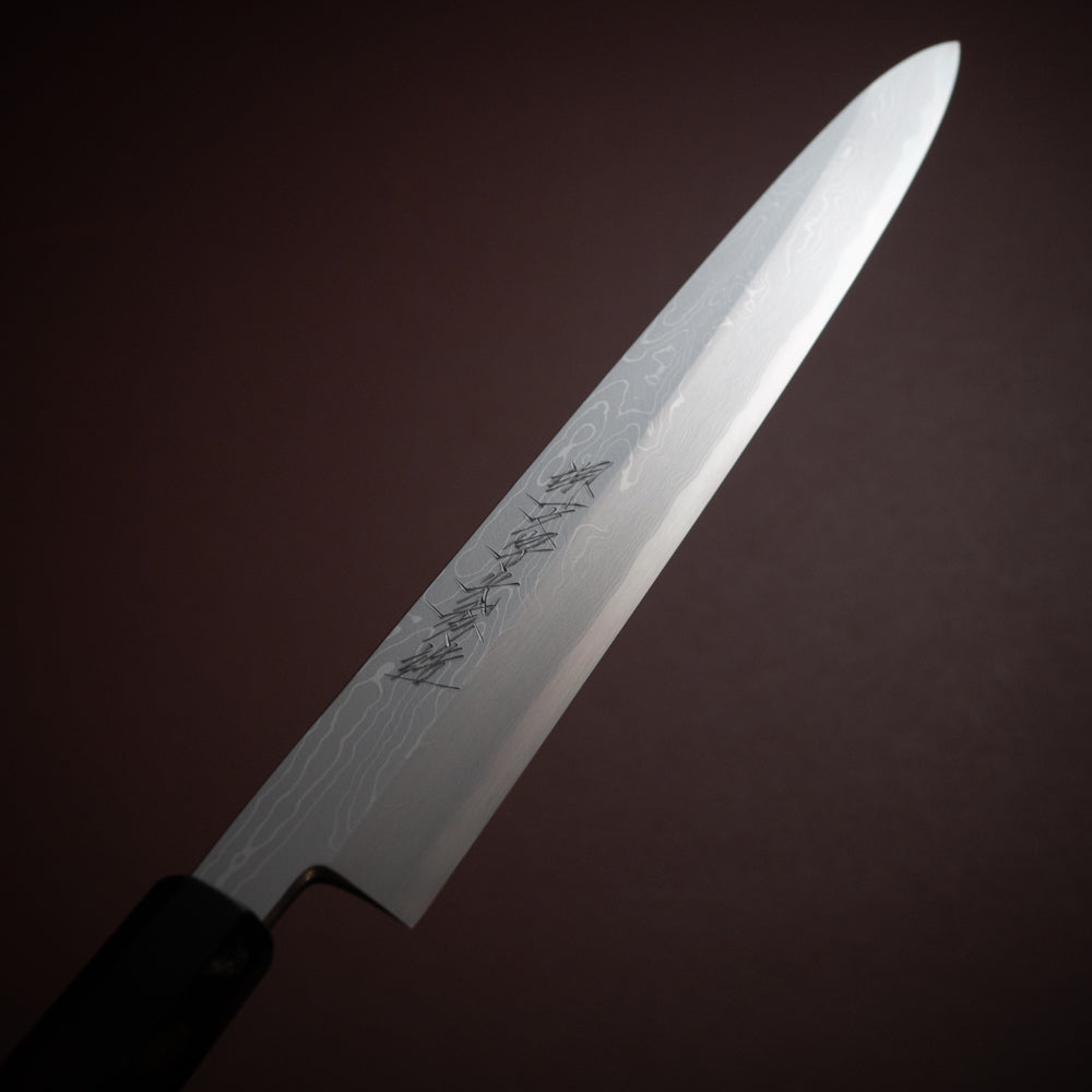 堺一文字光秀 青一鋼 炎紋鍛錬 墨流し 柳刃 黒檀柄 白鞘付き