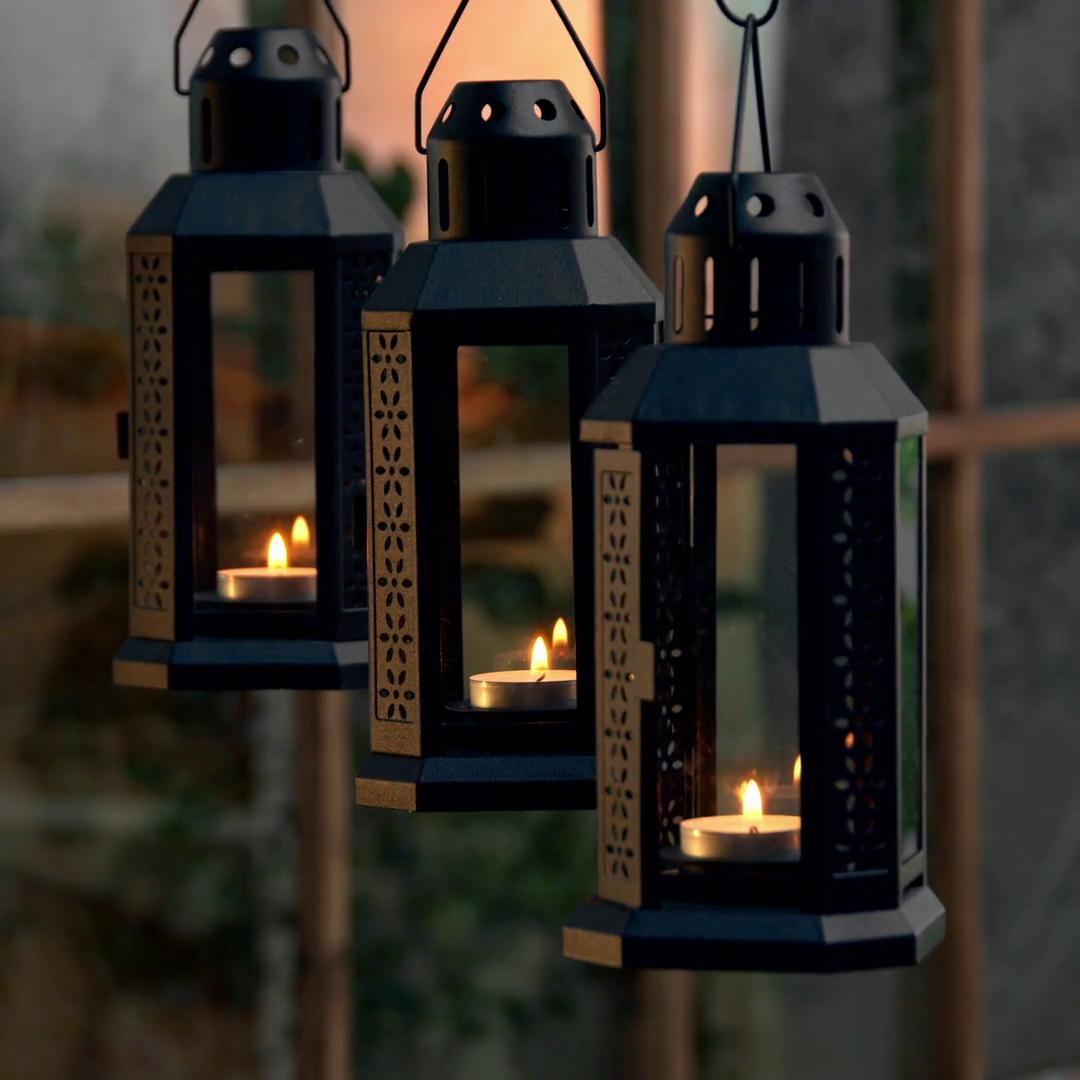 ENRUM lantern f/tealight, indoor/outdoor, black, 8 ¾