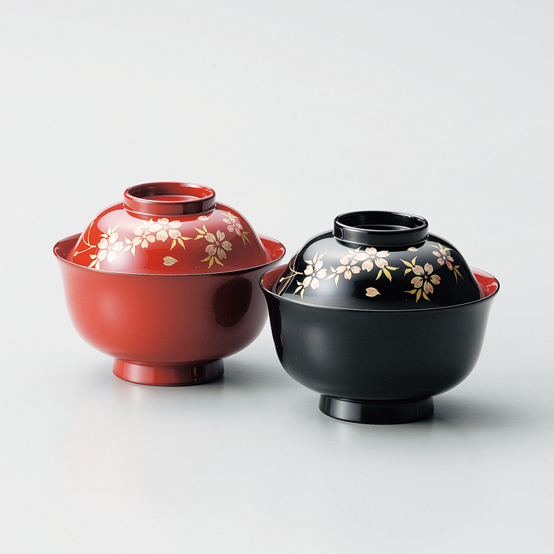 夫婦椀 さくら 朱・黒内朱 蓋付きのお椀 2客セット 漆塗り 11-03903