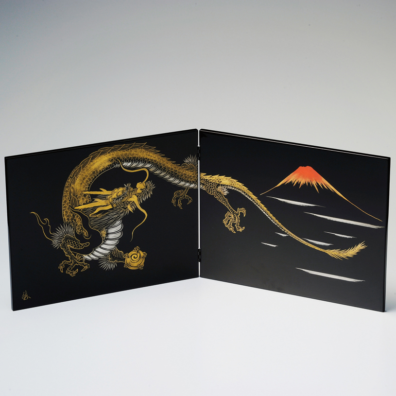 二枚屏風 龍 黒 漆塗り・木製 12-13401 漆器の井助