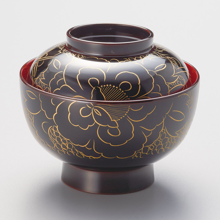 雑煮椀 金牡丹 朱/黒内朱 漆塗り 12-01005/01006 漆器の井助