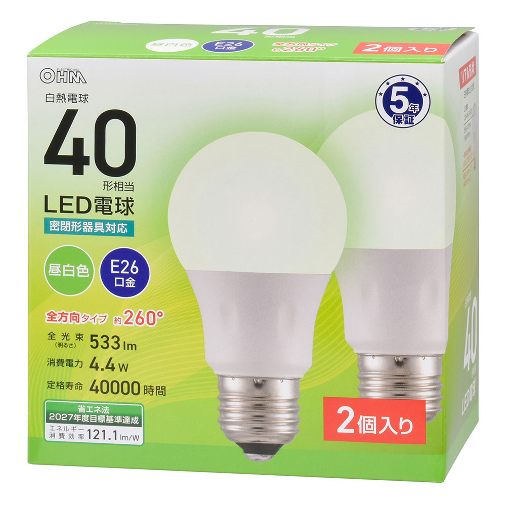 LED電球 E26 40形相当 昼白色 2個入 [品番]06-5314｜株式会社オーム電機