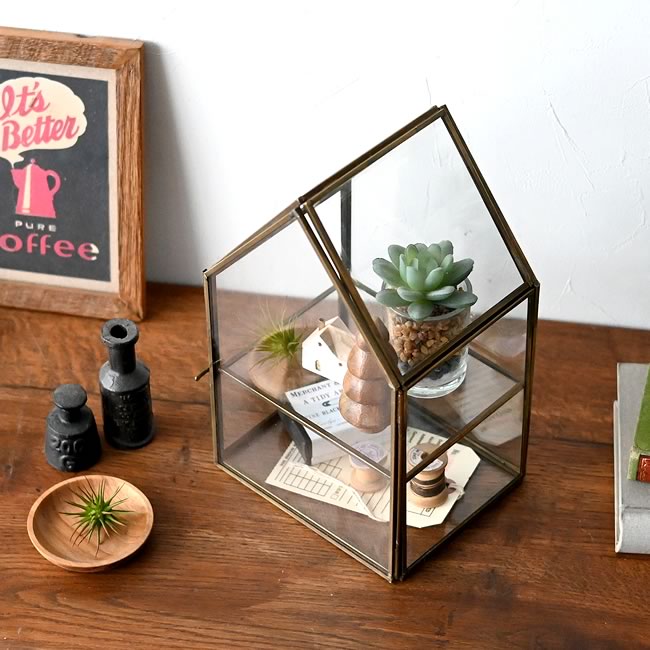 モロッカンガラス ハウス型ディスプレイケース ゴールドフレーム