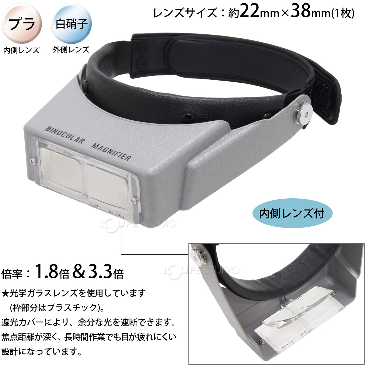 BM-110]双眼ヘッドルーペ 1.8倍＆3.3倍 ヘッドバンド式:池田レンズ工業