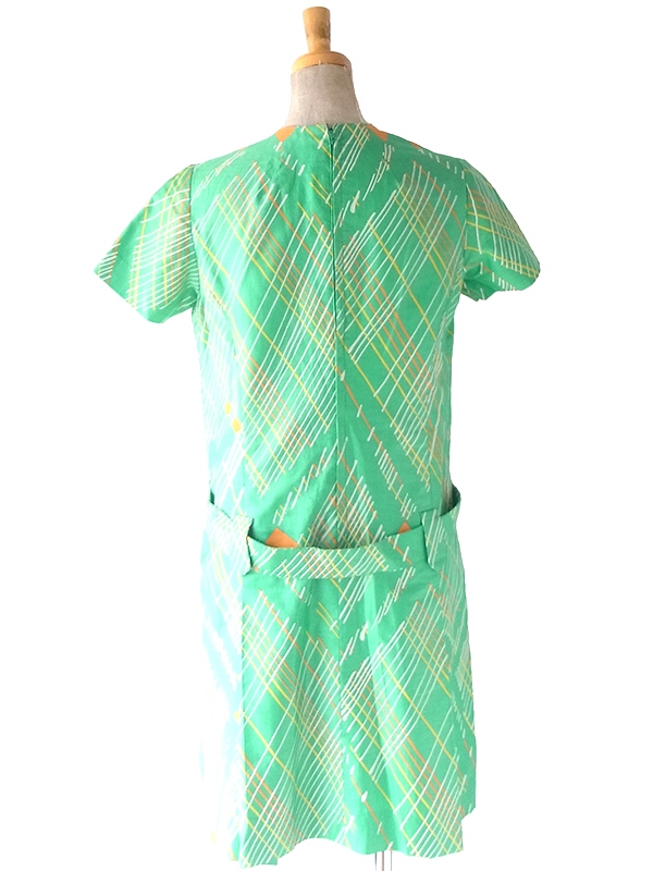 送料無料】70年代製 ライムグリーンX イエロー・オレンジ レトロ柄