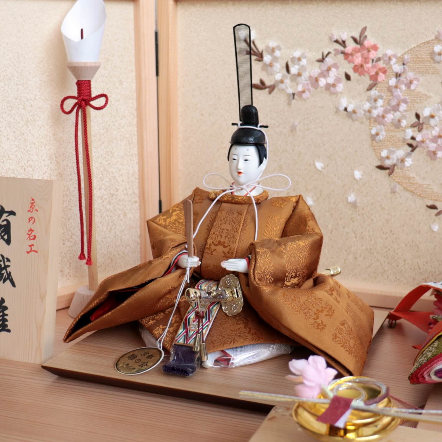 京都・大橋弌峰作 京十番正絹西陣織黄呂染 京頭：河原春水作 ヒノキ枠