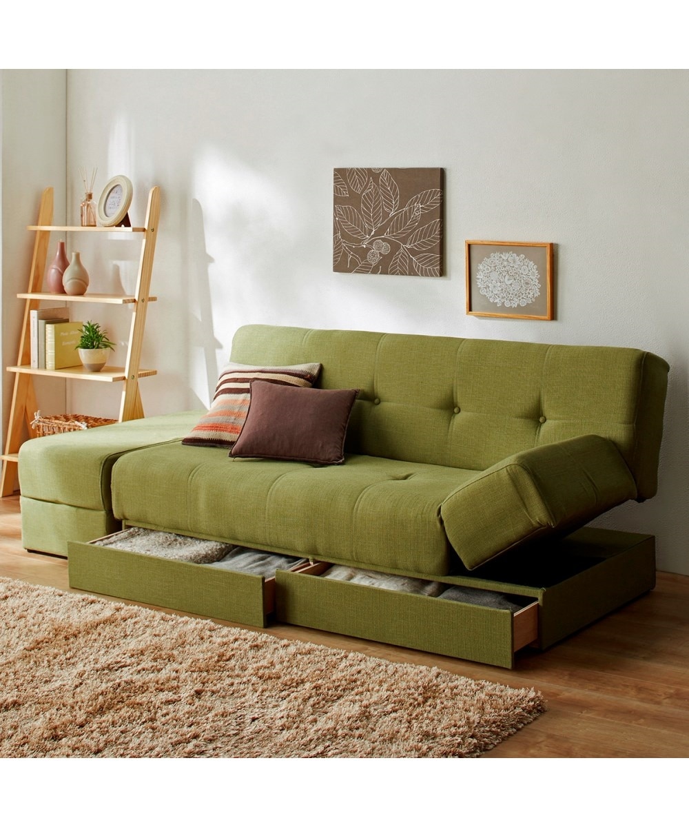 2人掛け]ソファベッド｜2WAY リクライニング 引き出し・スツール付き