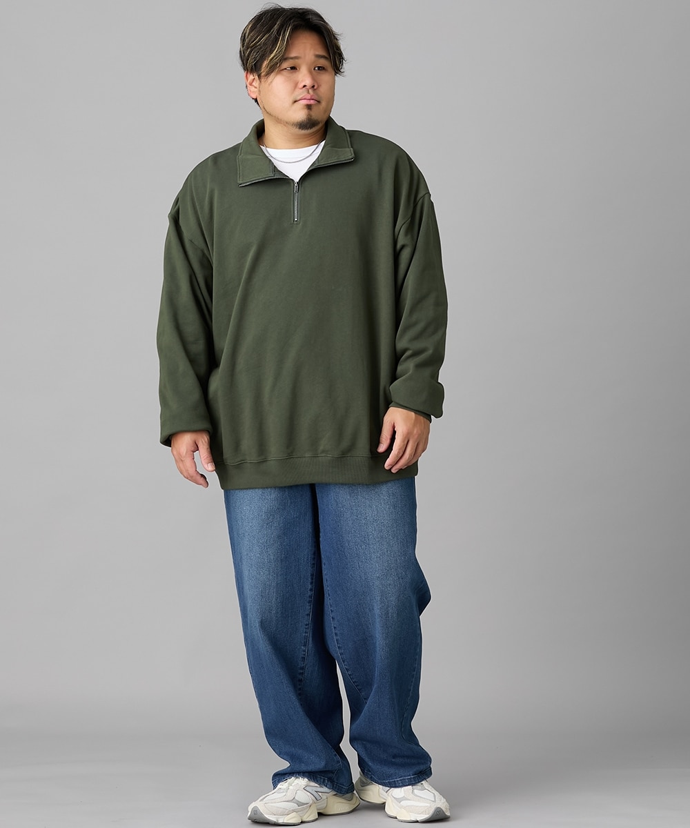 綿100％オーバーサイズハーフジップトレーナー【大きいサイズ有