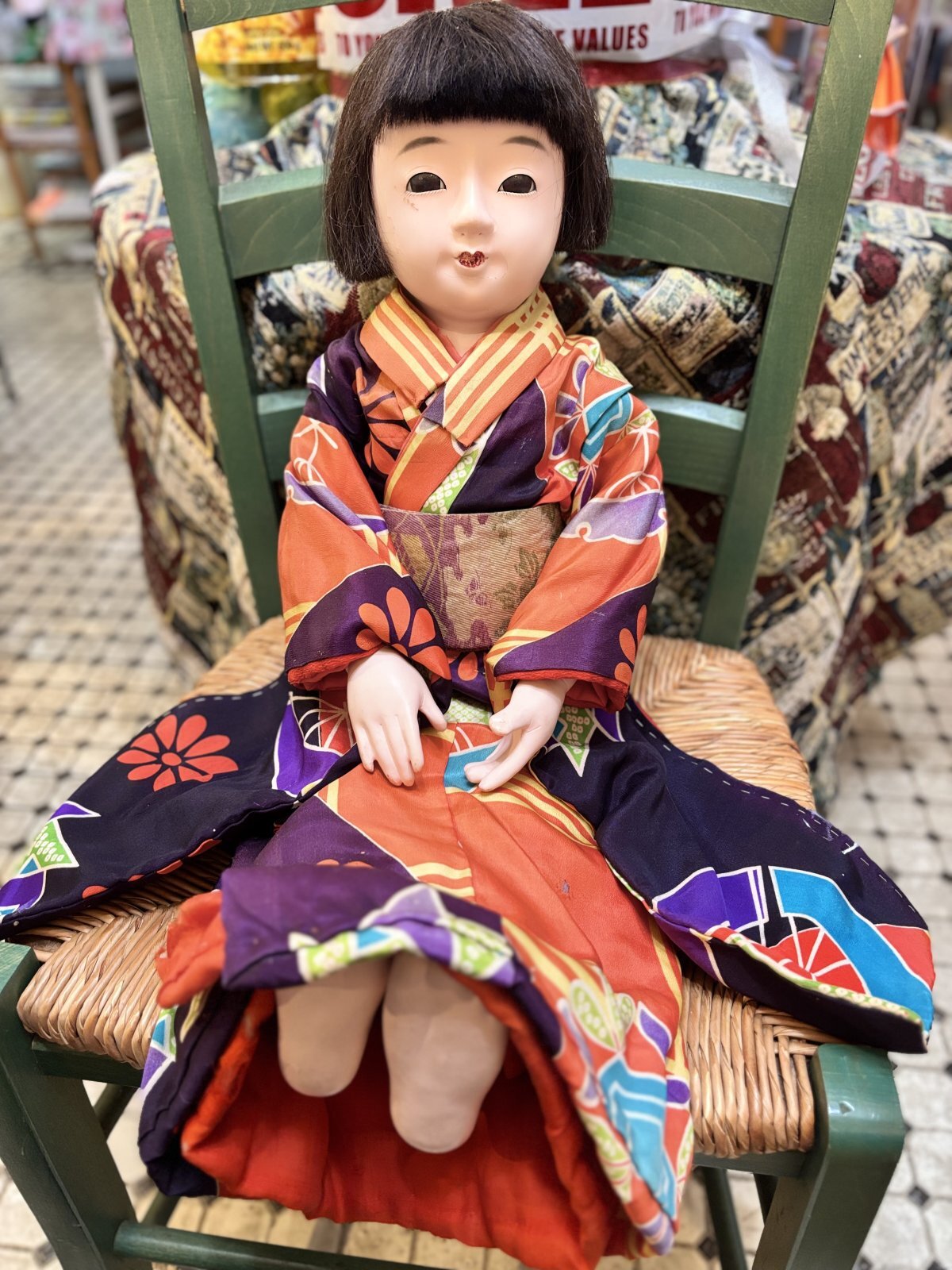 大きな大正時代の市松人形『明仙のお着物』人毛 傷有 経年劣化有63cm