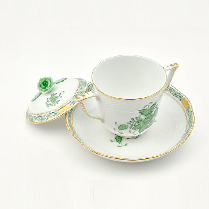 ヘレンド アポニーグリーン スープカップ&ソーサー（蓋付） AV-0715-0