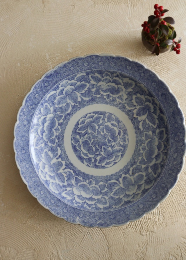 染付大皿 41cm 大皿 オードブル皿 飾り皿 特大 線描