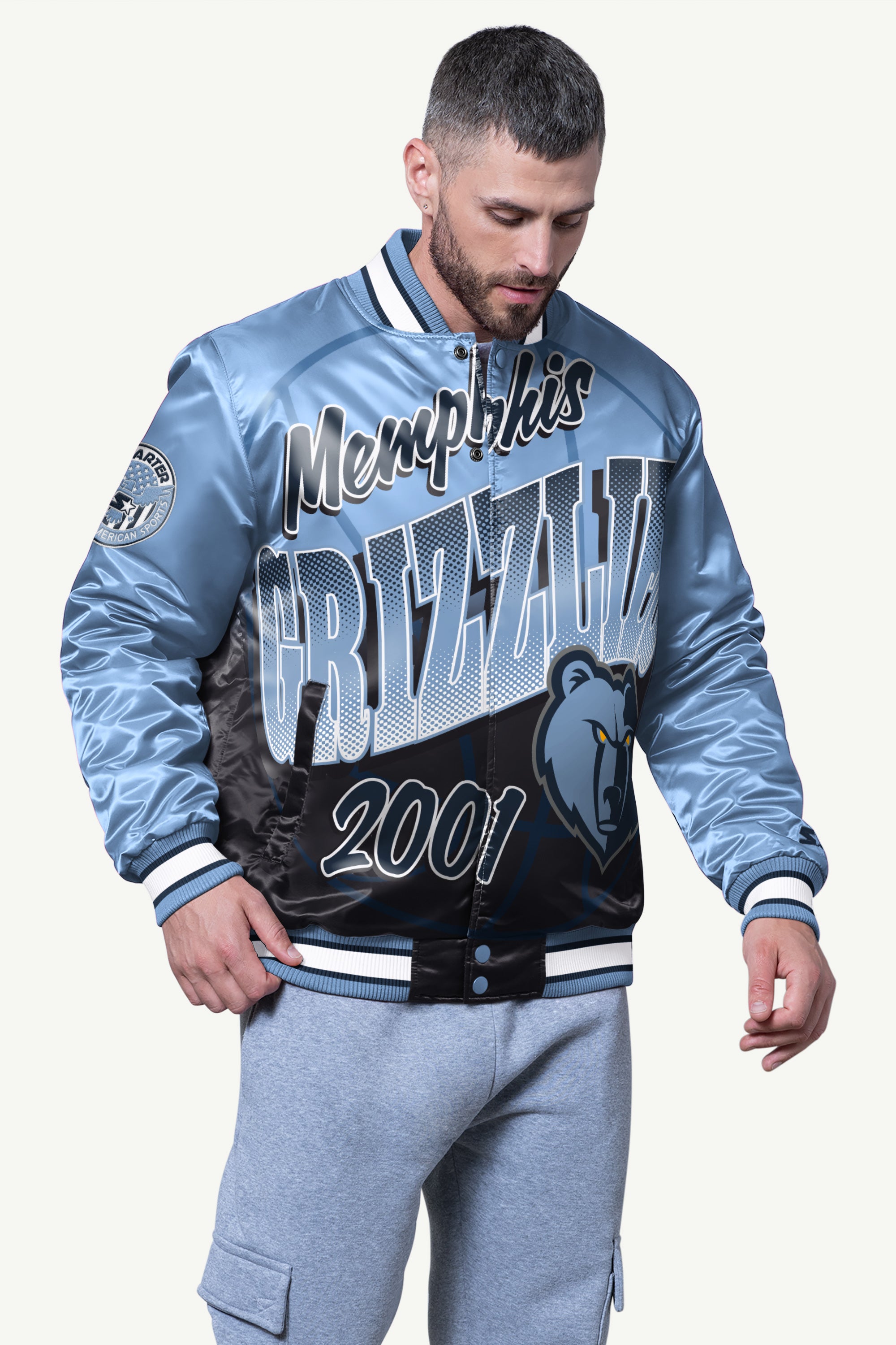 Mens Memphis Grizzlies Pass Rush Satin Varsity Jacket | NBA | Starter