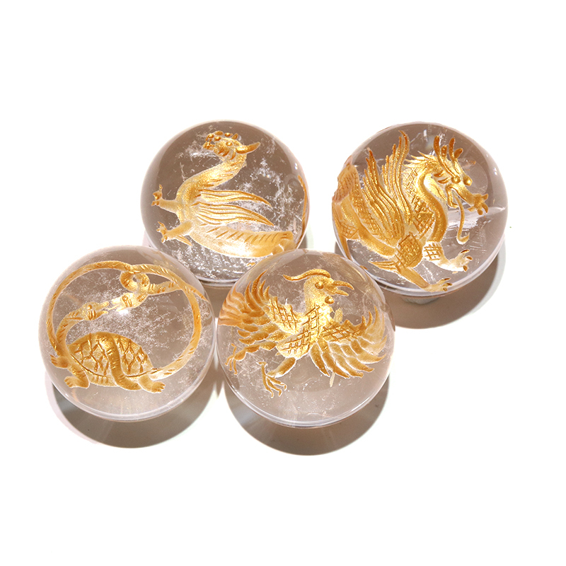 置物 四神 水晶（金彫り）約30mm セット キトラ柄 風水 四神獣 青龍