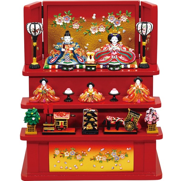 雛人形・内裏雛大和中木製三段飾り桜(赤)(送料無料,卓上ミニひな人形