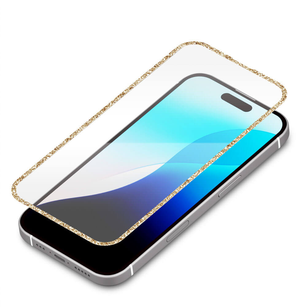 iPhone 16用 液晶全面保護ガラス ラメフレーム [ピンクゴールド/高透明