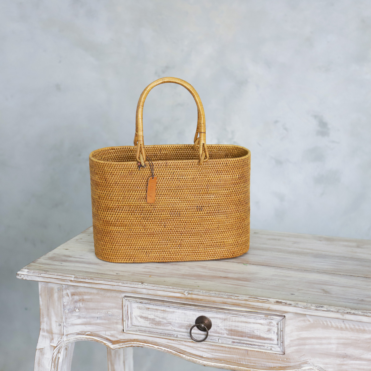 楕円バッグMサイズ マチ広プレーン柄 巾着無し (NAB694P) バリ島 かご