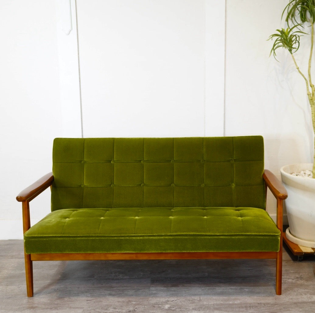 カリモク60 Kチェア 2シーターソファ モケットグリーン 中古 緑 レトロ