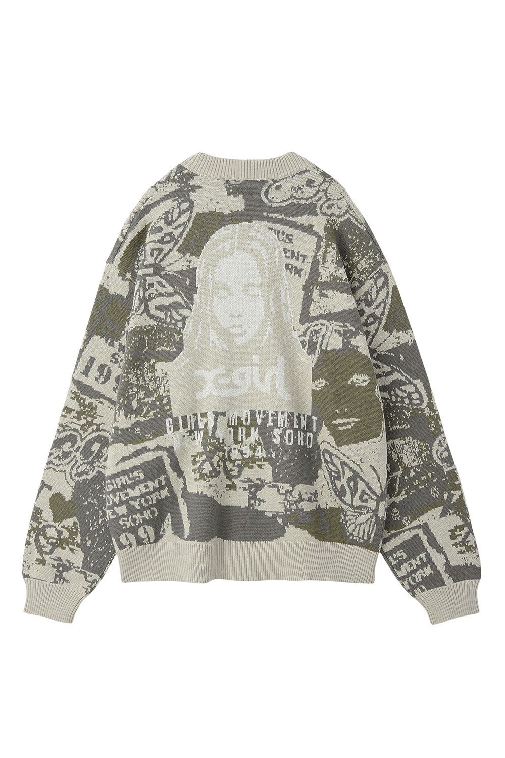 X-girl - COLLAGE GRAPHIC JACQUARD KNIT CARDIGAN / オリーブ | Tempt