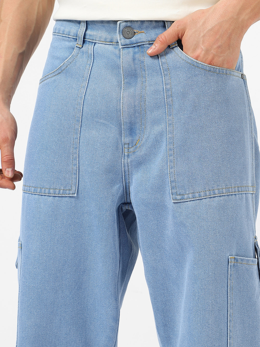 Men's Ice Blue Loose Baggy Fit Washed Cargo Jeans with 6 Pockets