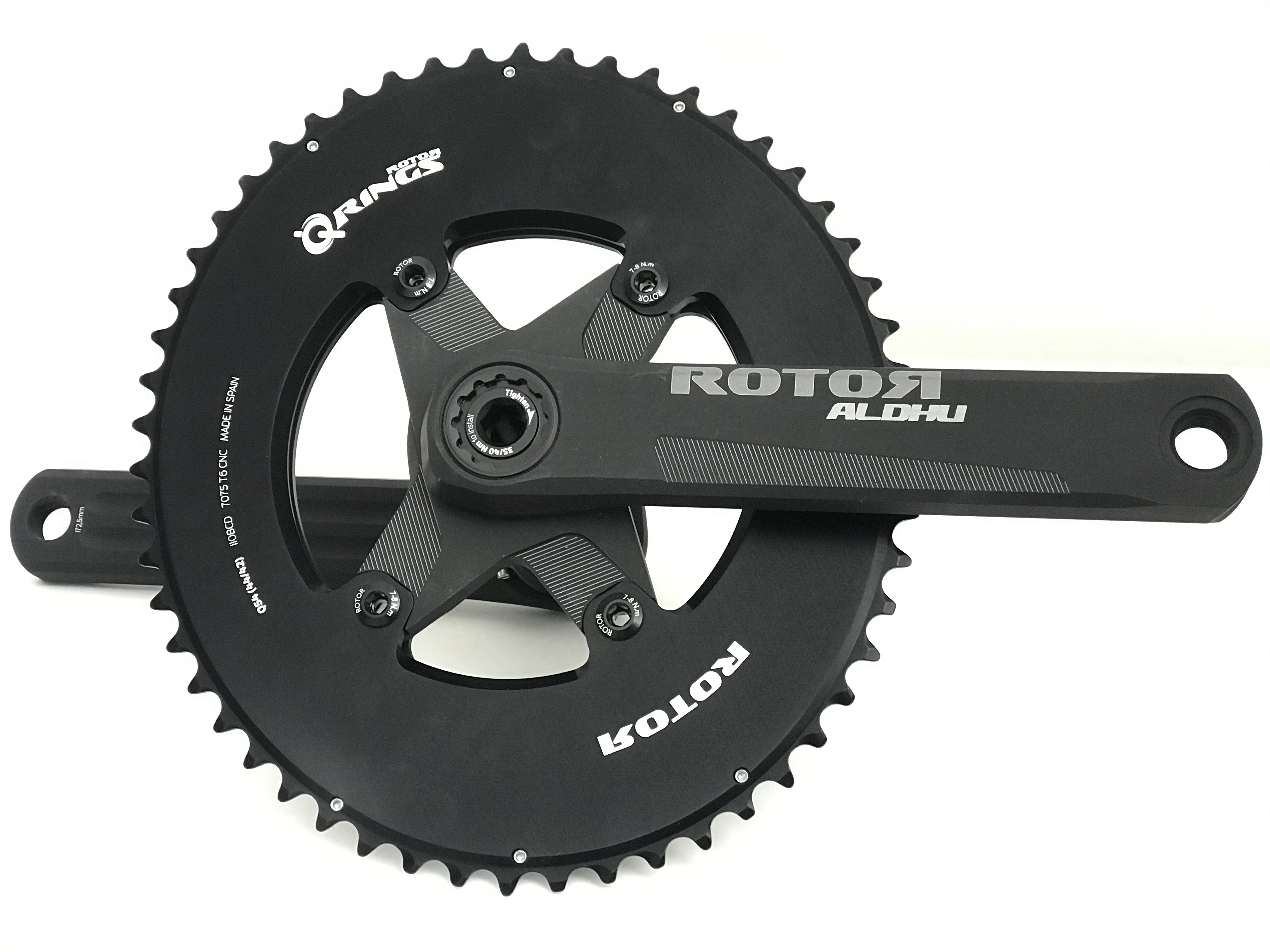 Rotor Aldhu crankset spider mount with aero chainrings