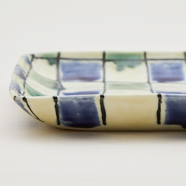 WEB限定】藤井敬之 三彩格子文角浅鉢 青緑｜作家もの｜料理家 栗原