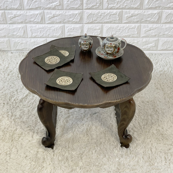 韓国天然松材お膳ちゃぶ台 淵どり花ふち加工 猫足タイプ・大 テーブル