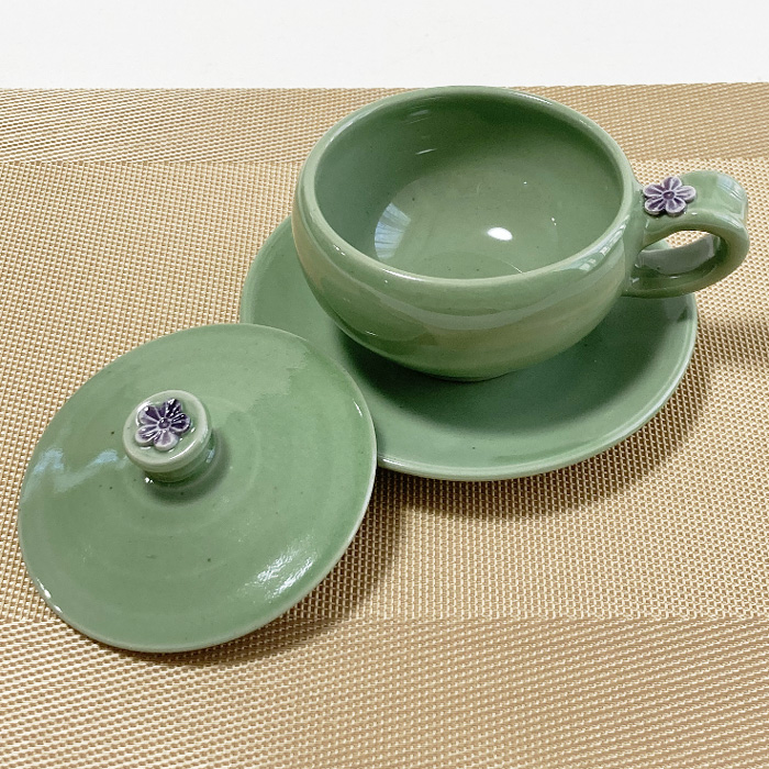 蓋付カップ&ソーサー韓国伝統茶用手作りのグリーン陶器のコーヒー