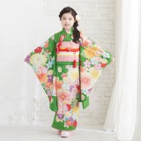 七五三七歳四つ身：N034 紅一点 緑 菊に桜楓 | 七五三着物レンタル