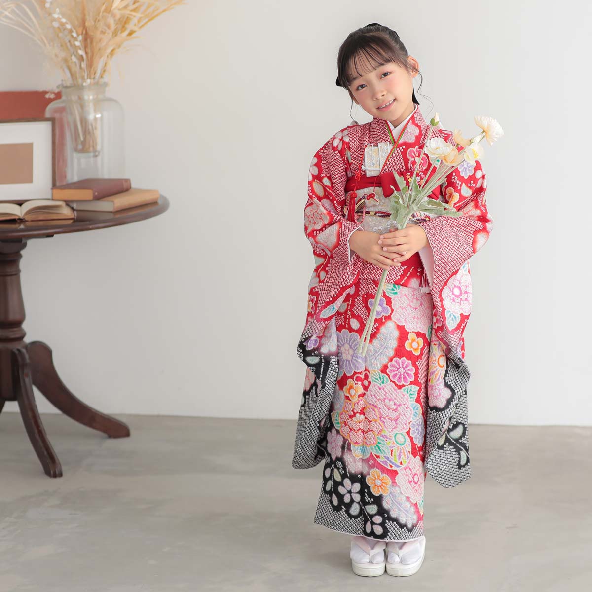 七五三七歳四つ身：N080 【正絹】赤 総絞り 牡丹に手毬 | 七五三着物