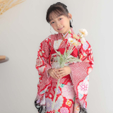 七五三七歳四つ身：N080 【正絹】赤 総絞り 牡丹に手毬 | 七五三着物