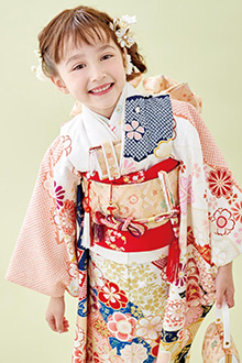 七五三七歳四つ身：N134 式部浪漫 水色 辻が花風 | 七五三着物レンタル