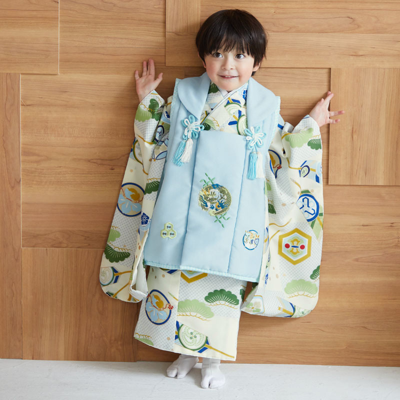 七五三被布 : K098 【三歳男児被布】水色龍×鼠クリーム疋田松矢羽