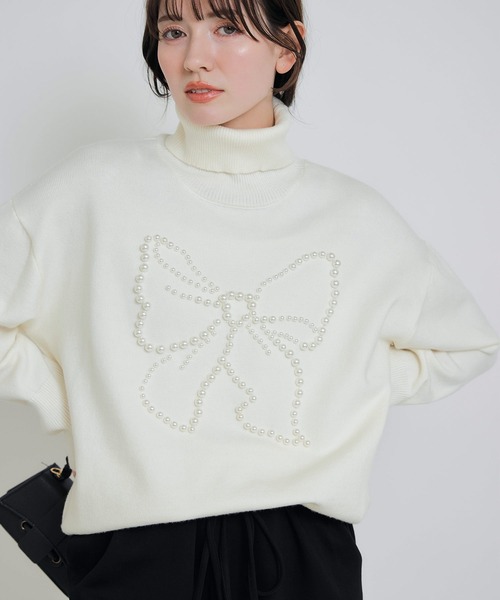 PICCIN PERLA ニット セーター リボンパールタートルネックセーター