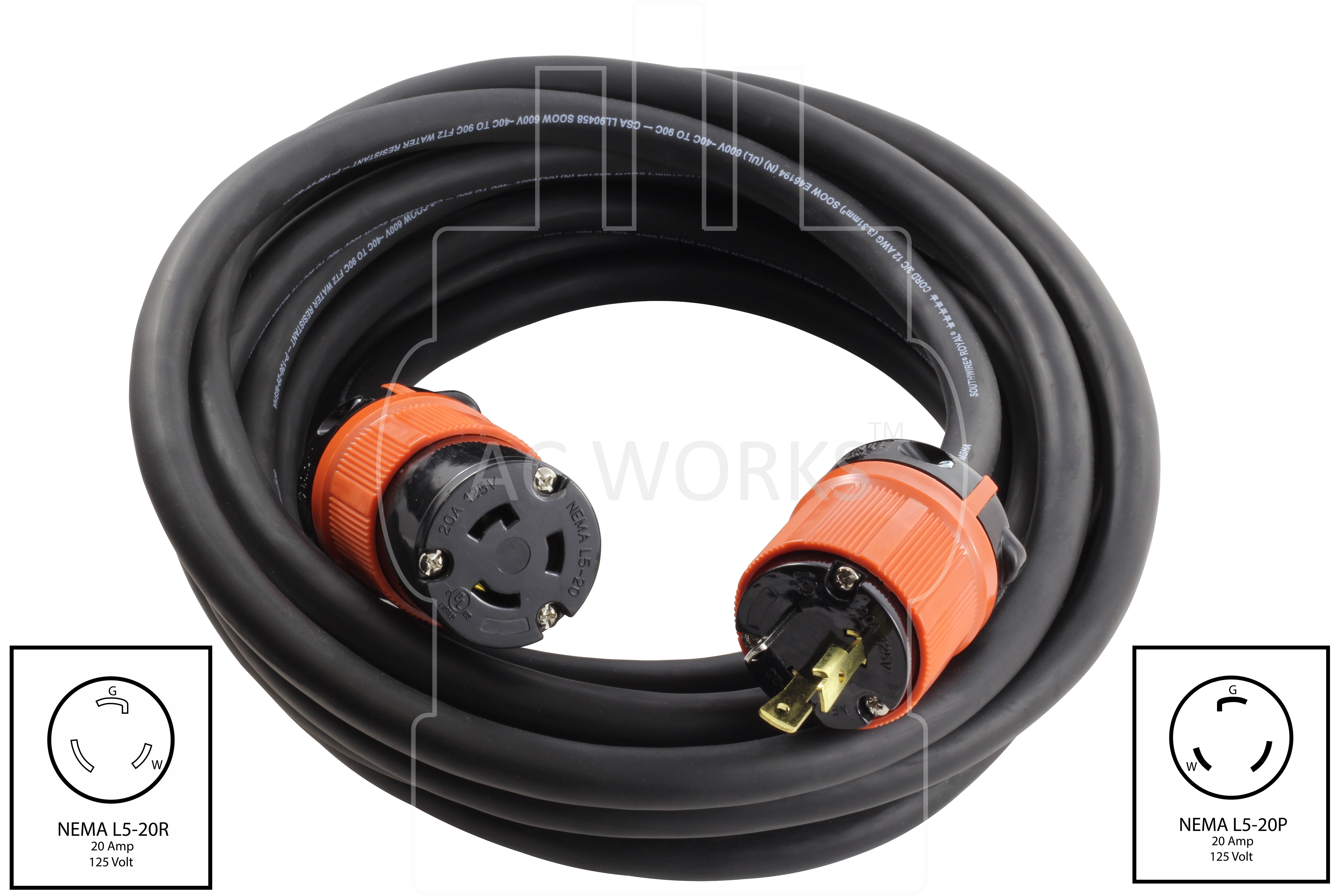 NEMA L5-20 Extension Cord SOOW 12/3 20 Amp 125 Volt – AC Connectors