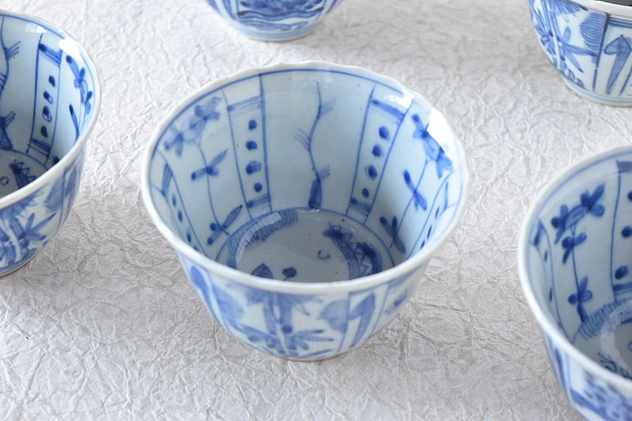 王地山焼 染付 芙蓉手 古染付写し 三田焼 向付 5客セット（内1客傷