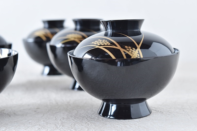 平安象彦 黒漆塗り 稲穂 金蒔絵 吸物椀 5客セット - 生活骨董と古布の