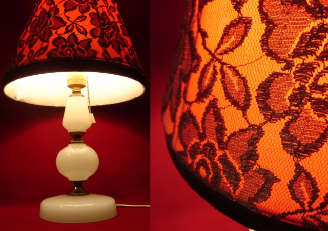 昭和レトロ ガラス製スタンド・テーブルランプ 赤シェード 【AJ0426