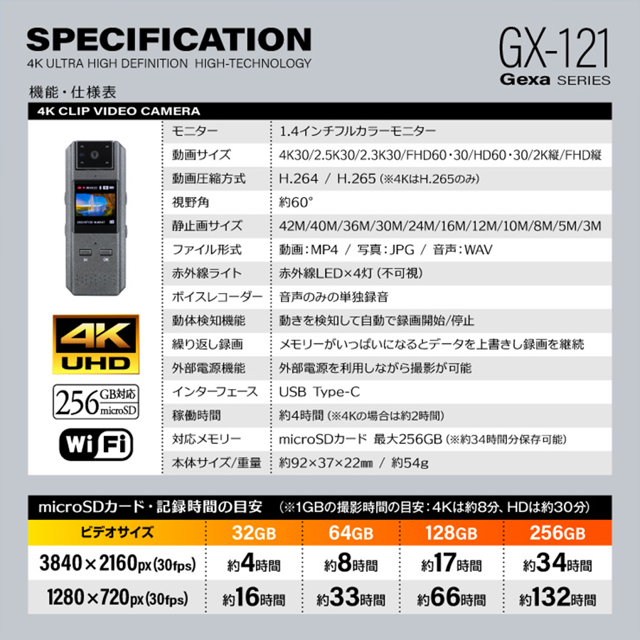 GX-121 | 4K録画対応ペンクリップ小型カメラ【レンズ隠しフィルム