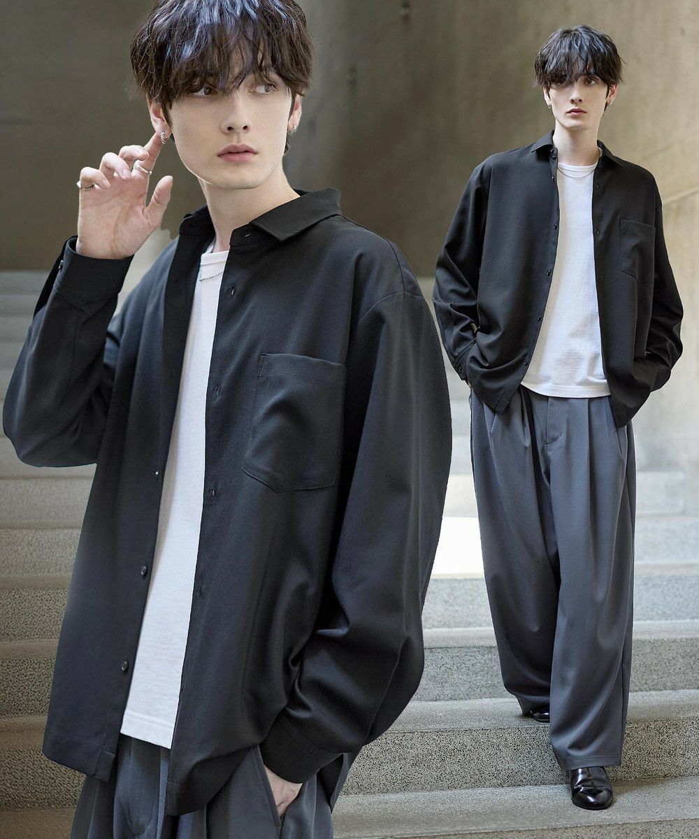 セットアップ 3点セット】防シワリラクシングワイドシャツ+天竺Tシャツ