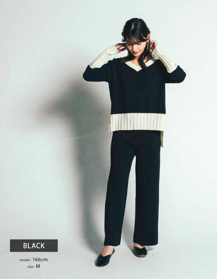 バイカラーニットアップ レディース 秋 冬 長袖 ニットセットアップ