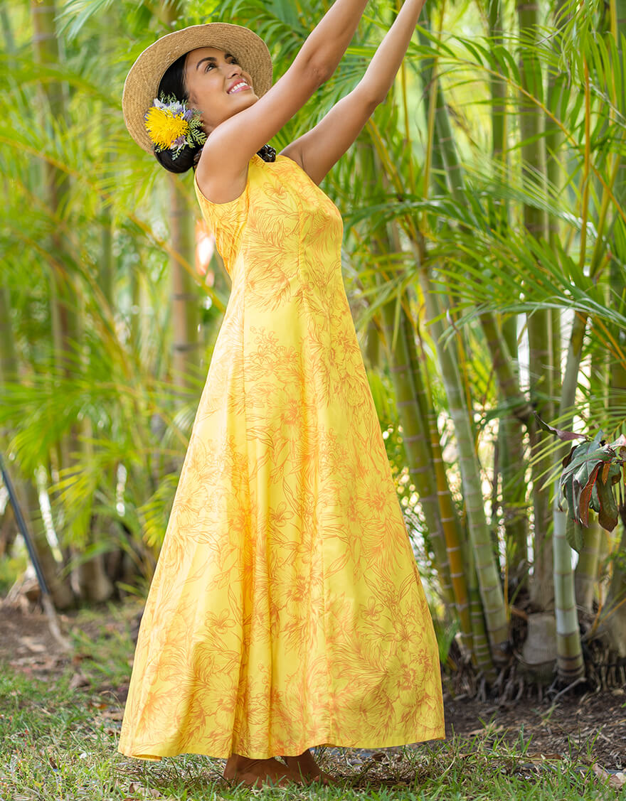ノースリーブラウンドネックフレアドレス（プロテア）イエロー