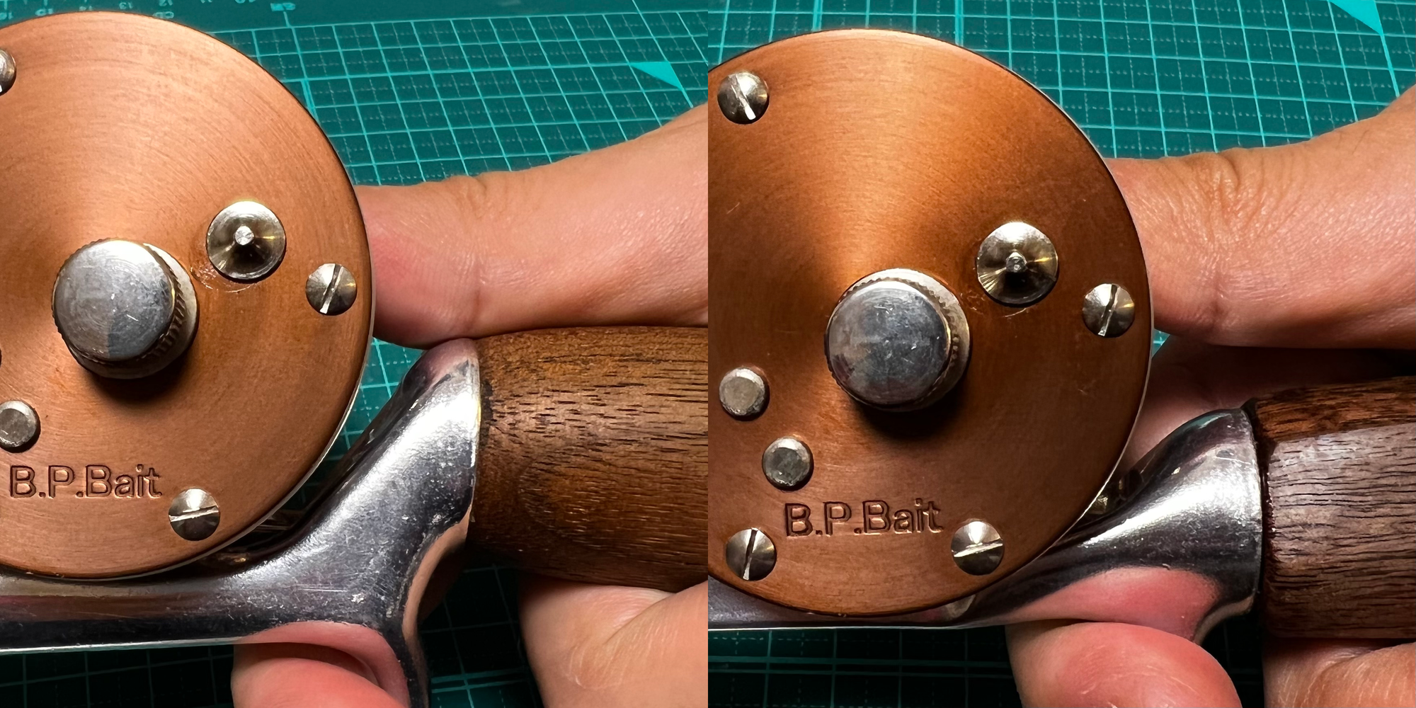 フィッシュテールグリップとグラスアイのエルゴノハンドルを接着する